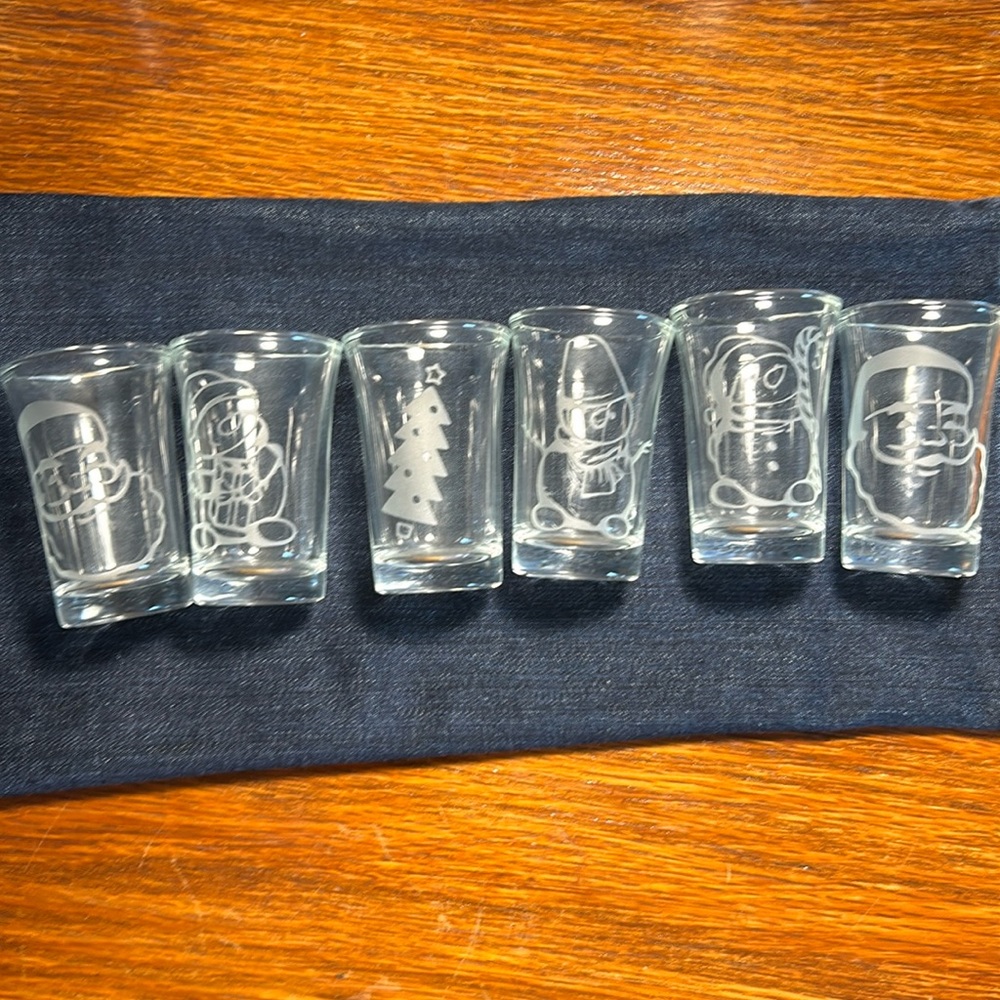 Holiday Etched Shot Glasses. Set of 6